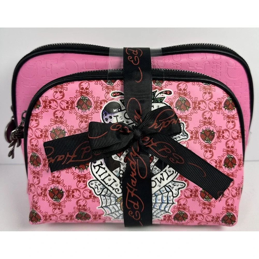 Ed Hardy Pink Skull Heart 2PC Cosmetic Bag Set Rhinestone Makeup Bags NWT